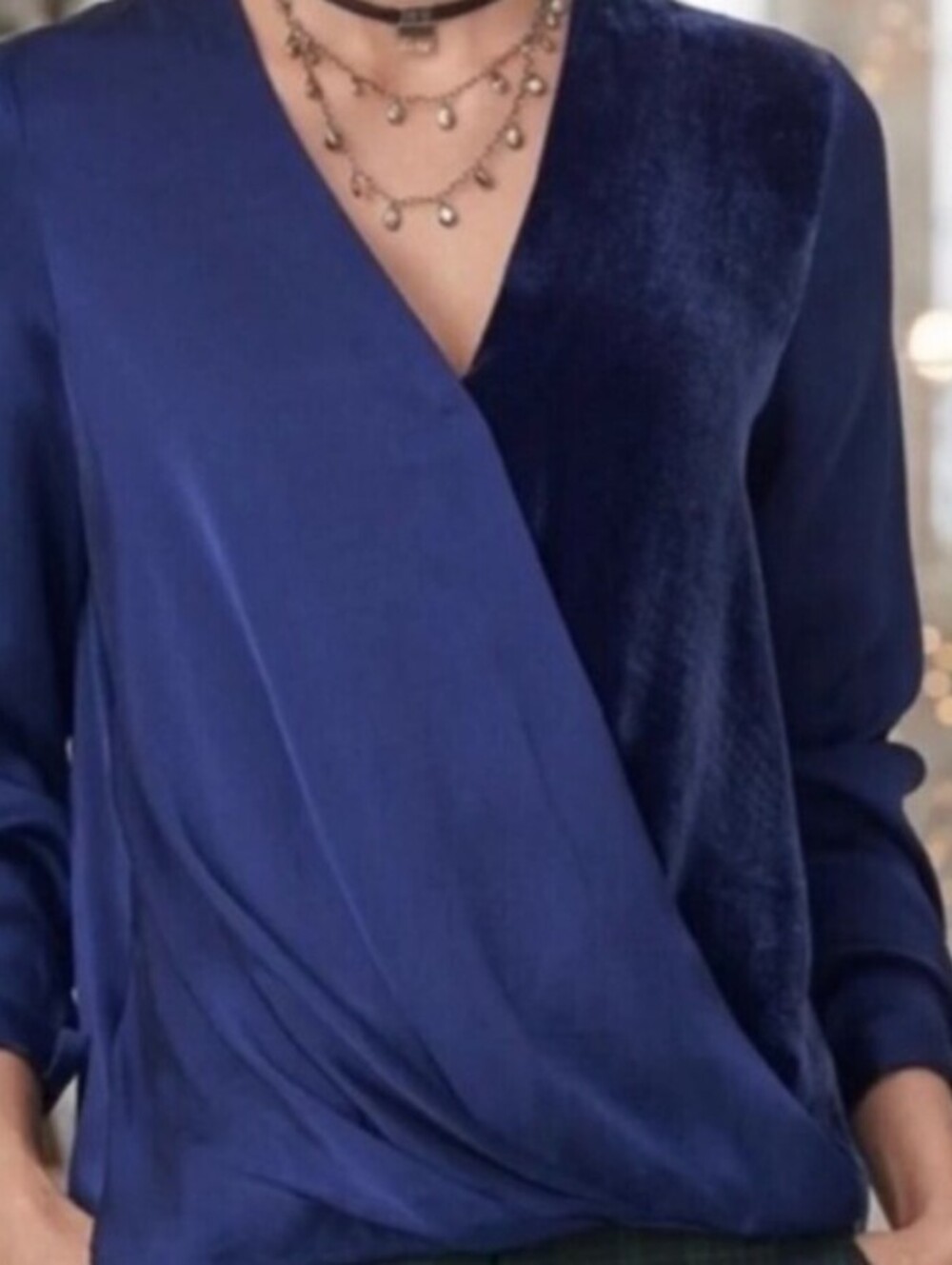 Sundance Blended Paths Blue 100% Silk Velvet Faux Wrap Top - Size - Large - NWOT